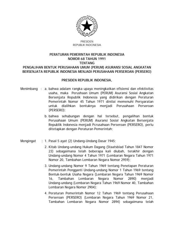 Peraturan Pemerintah Nomor 68 Tahun 1991