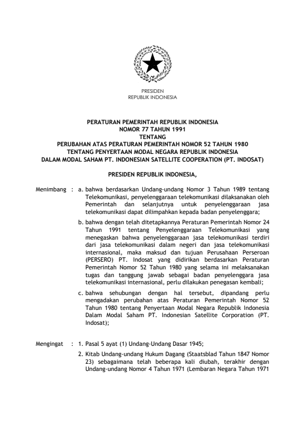 Peraturan Pemerintah Nomor 77 Tahun 1991