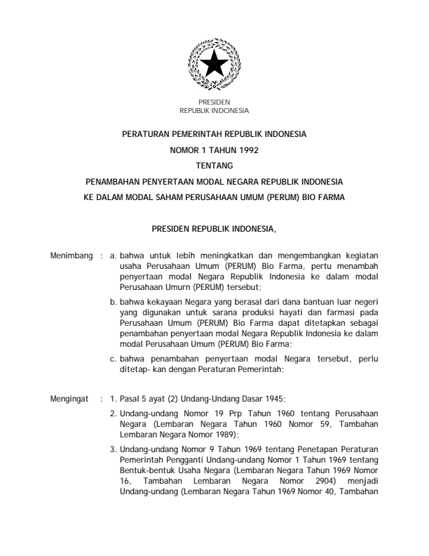 Peraturan Pemerintah Nomor 1 Tahun 1992