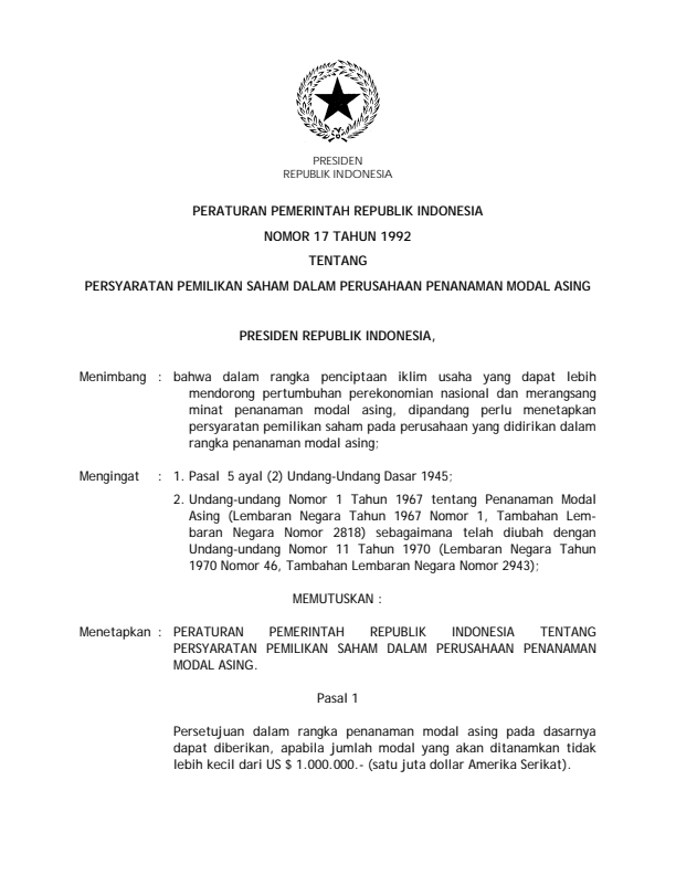 Peraturan Pemerintah Nomor 17 Tahun 1992