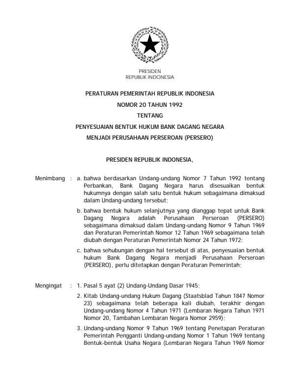 Peraturan Pemerintah Nomor 20 Tahun 1992