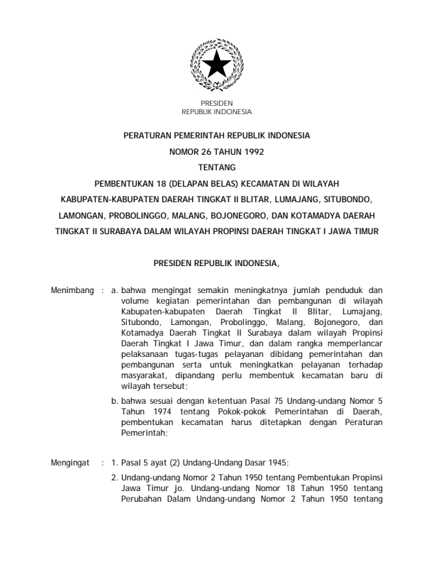 Peraturan Pemerintah Nomor 26 Tahun 1992