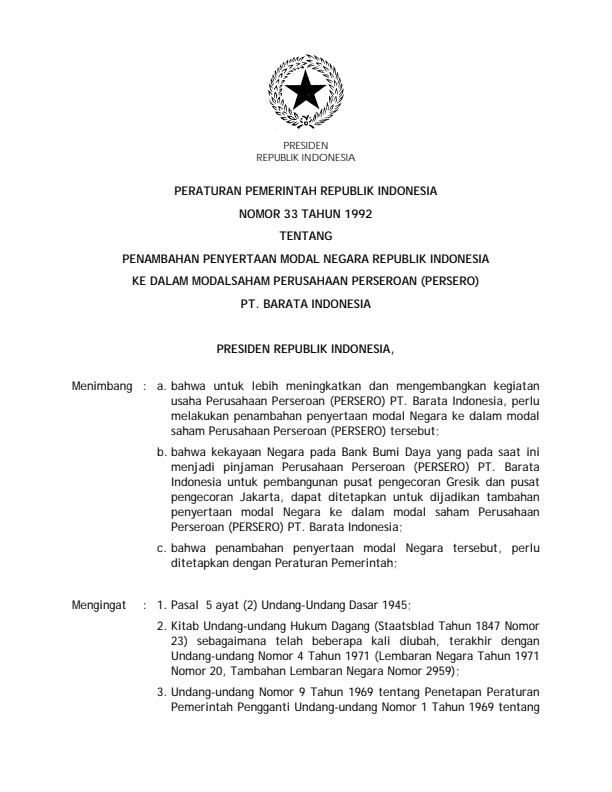 Peraturan Pemerintah Nomor 33 Tahun 1992