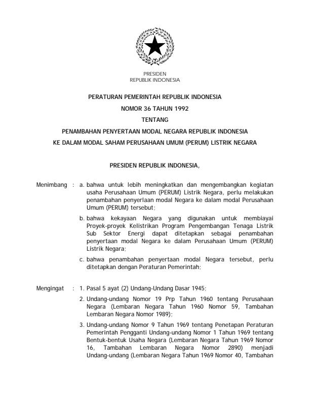 Peraturan Pemerintah Nomor 36 Tahun 1992