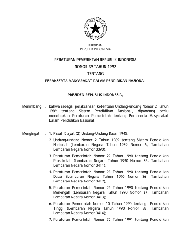 Peraturan Pemerintah Nomor 39 Tahun 1992