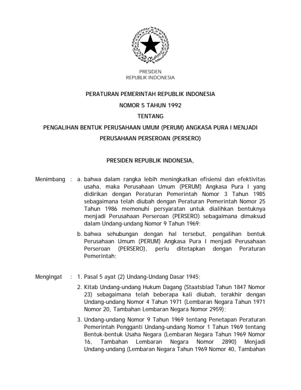 Peraturan Pemerintah Nomor 5 Tahun 1992