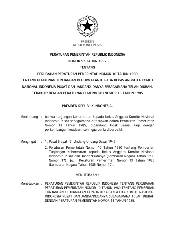 Peraturan Pemerintah Nomor 53 Tahun 1992