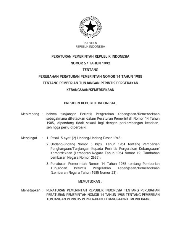 Peraturan Pemerintah Nomor 57 Tahun 1992