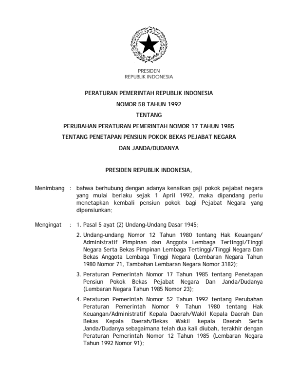 Peraturan Pemerintah Nomor 58 Tahun 1992