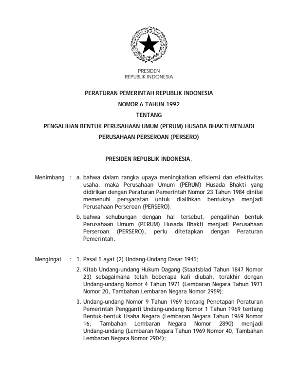 Peraturan Pemerintah Nomor 6 Tahun 1992