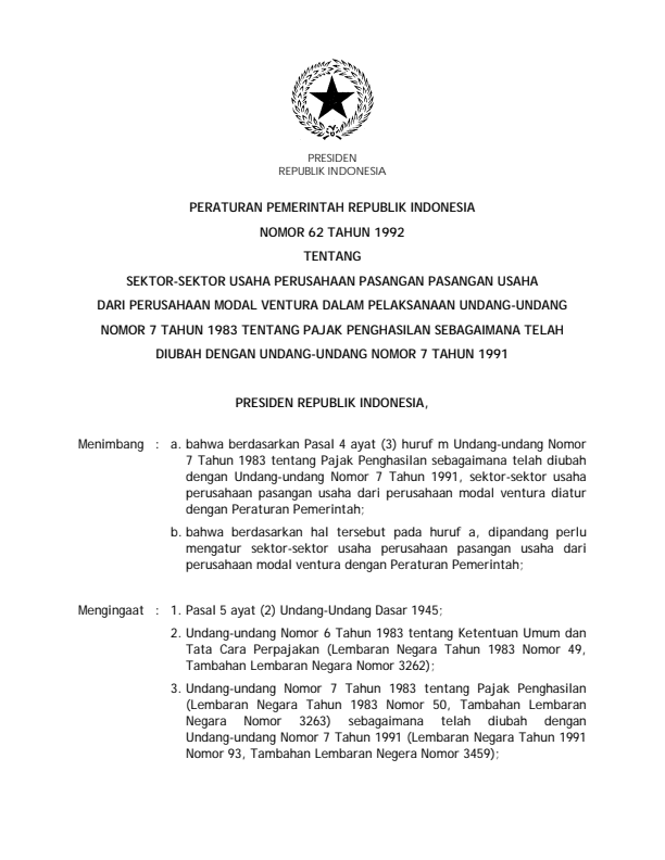 Peraturan Pemerintah Nomor 62 Tahun 1992