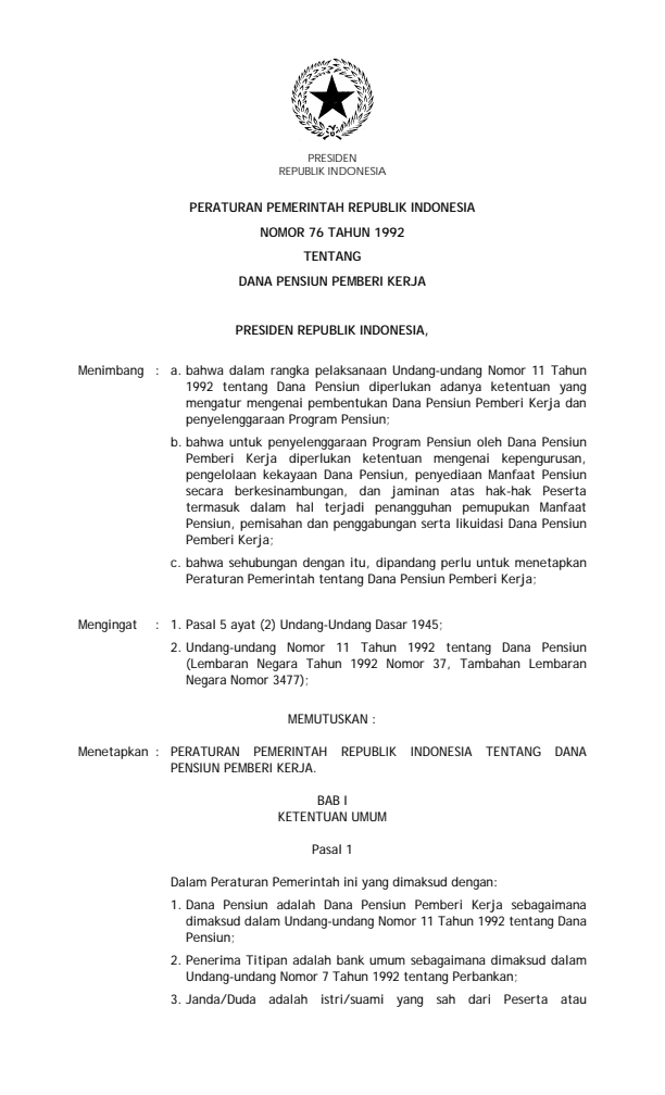 Peraturan Pemerintah Nomor 76 Tahun 1992