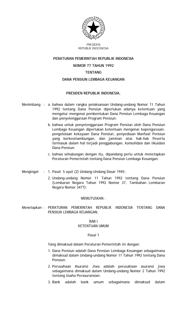 Peraturan Pemerintah Nomor 77 Tahun 1992