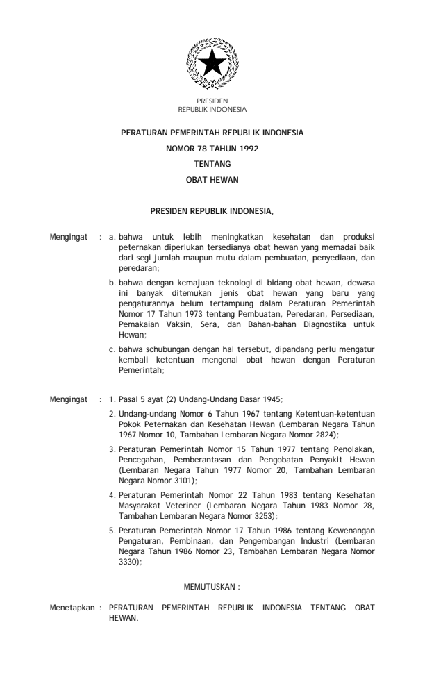 Peraturan Pemerintah Nomor 78 Tahun 1992