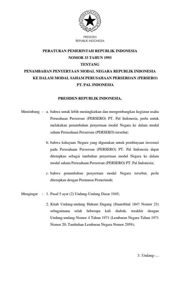 Peraturan Pemerintah Nomor 33 Tahun 1993