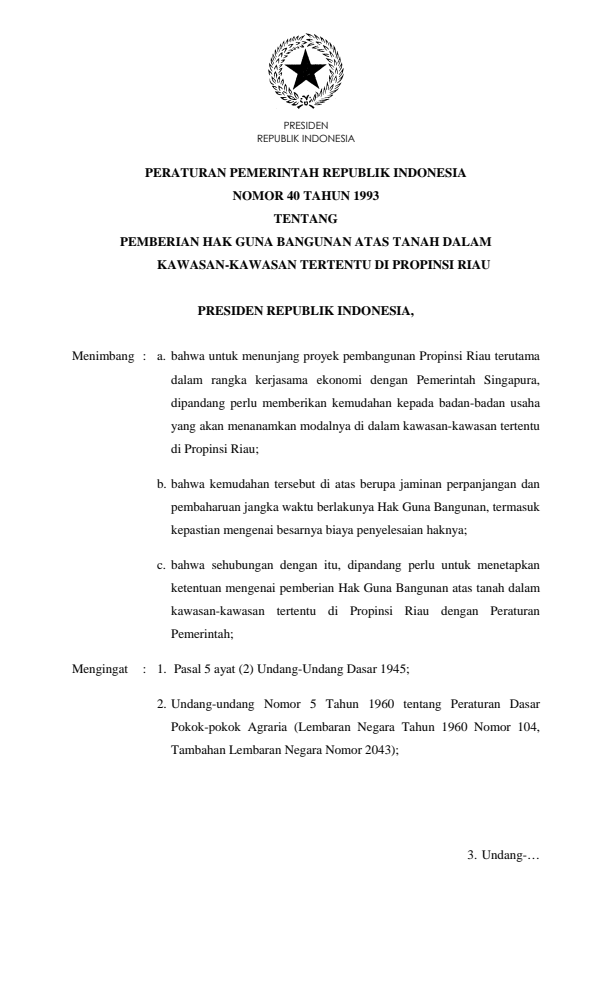 Peraturan Pemerintah Nomor 40 Tahun 1993