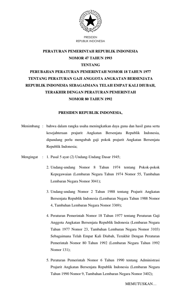 Peraturan Pemerintah Nomor 47 Tahun 1993