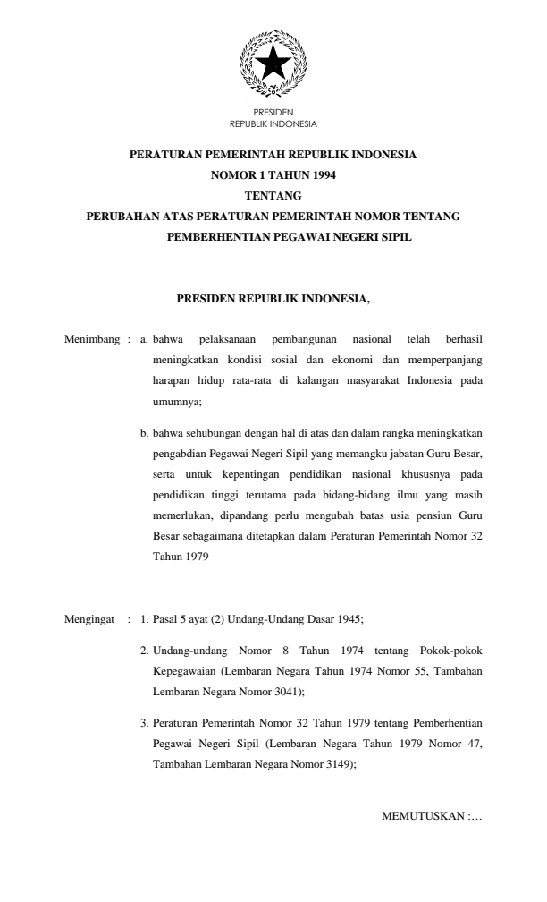 Peraturan Pemerintah Nomor 1 Tahun 1994