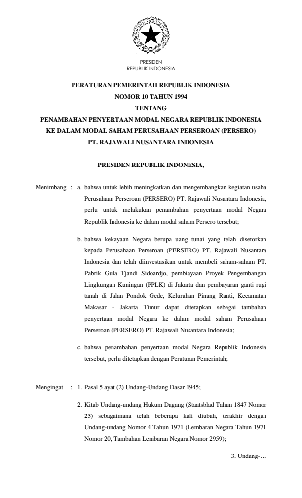 Peraturan Pemerintah Nomor 10 Tahun 1994