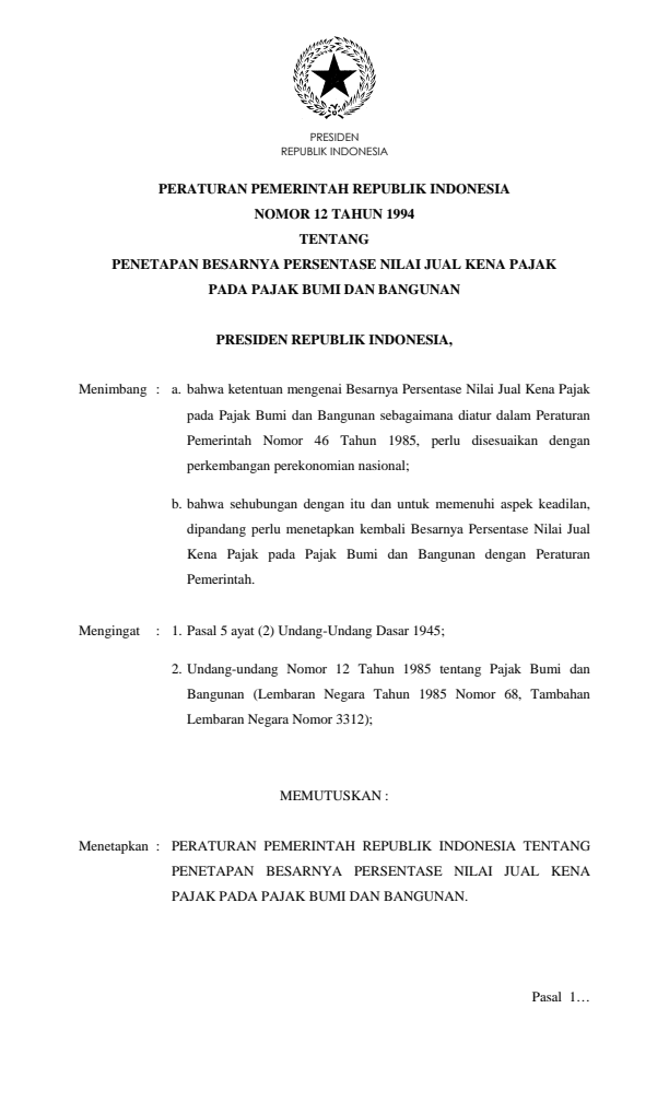 Peraturan Pemerintah Nomor 12 Tahun 1994