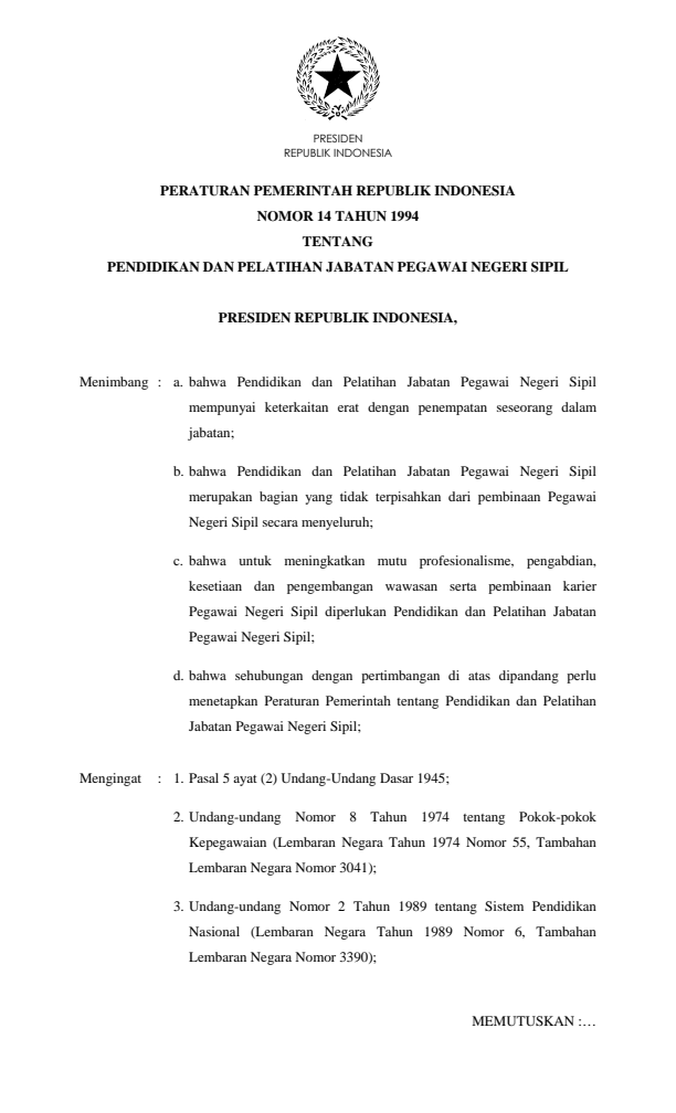 Peraturan Pemerintah Nomor 14 Tahun 1994