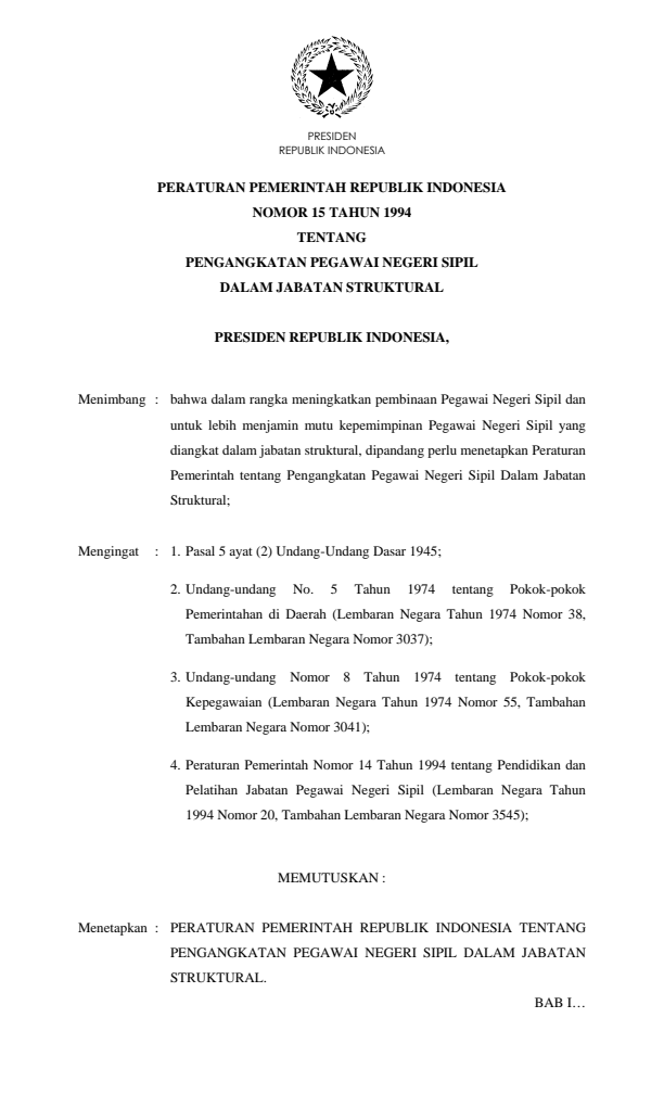 Peraturan Pemerintah Nomor 15 Tahun 1994