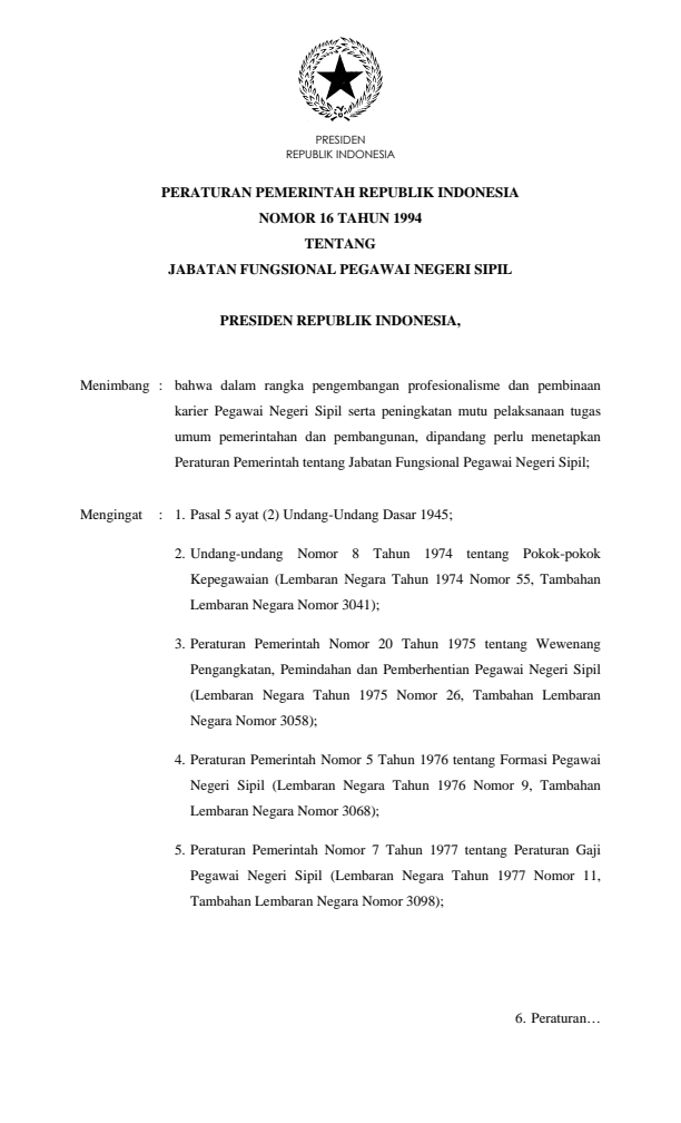 Peraturan Pemerintah Nomor 16 Tahun 1994