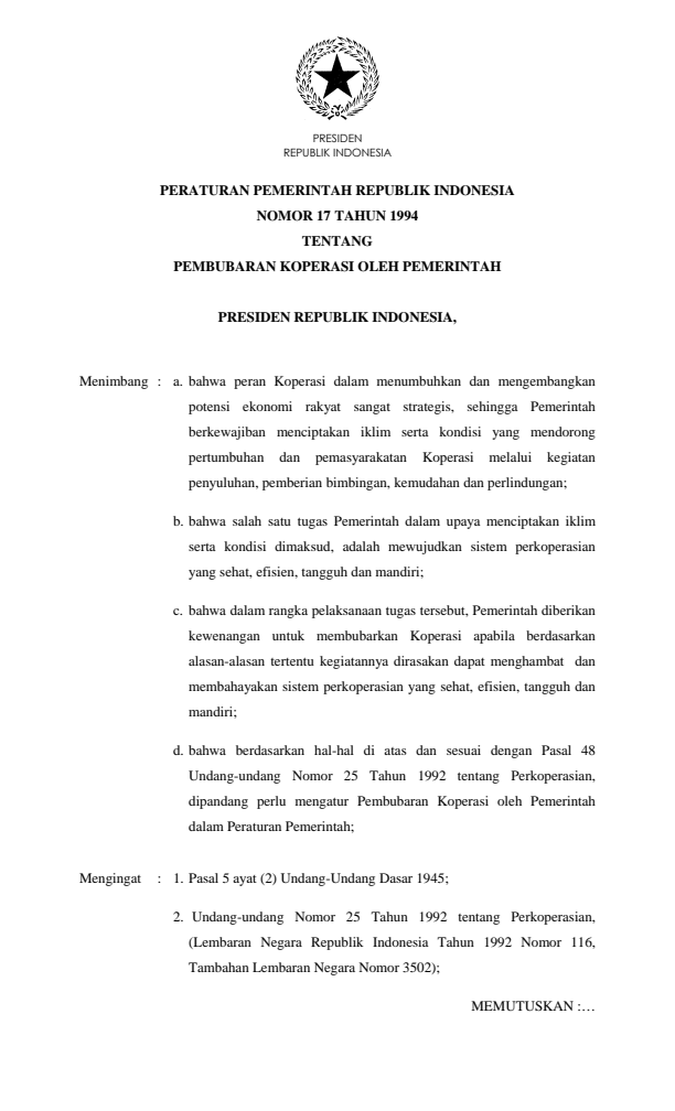 Peraturan Pemerintah Nomor 17 Tahun 1994