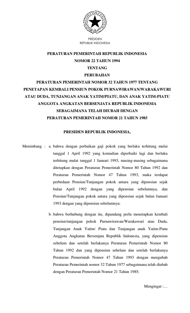 Peraturan Pemerintah Nomor 22 Tahun 1994