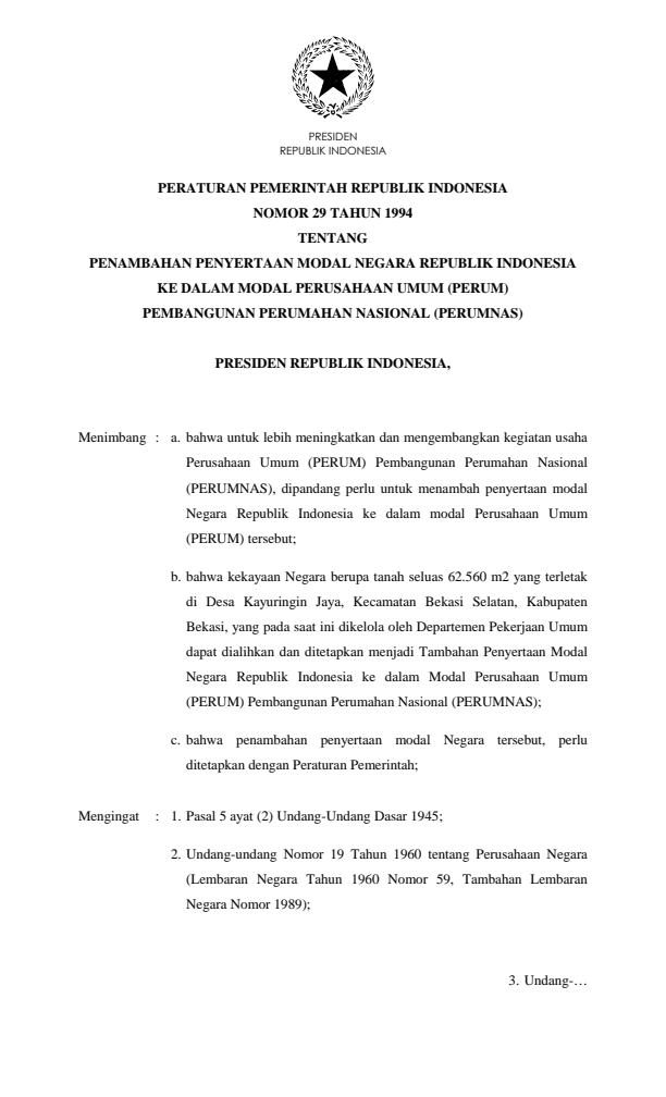 Peraturan Pemerintah Nomor 29 Tahun 1994