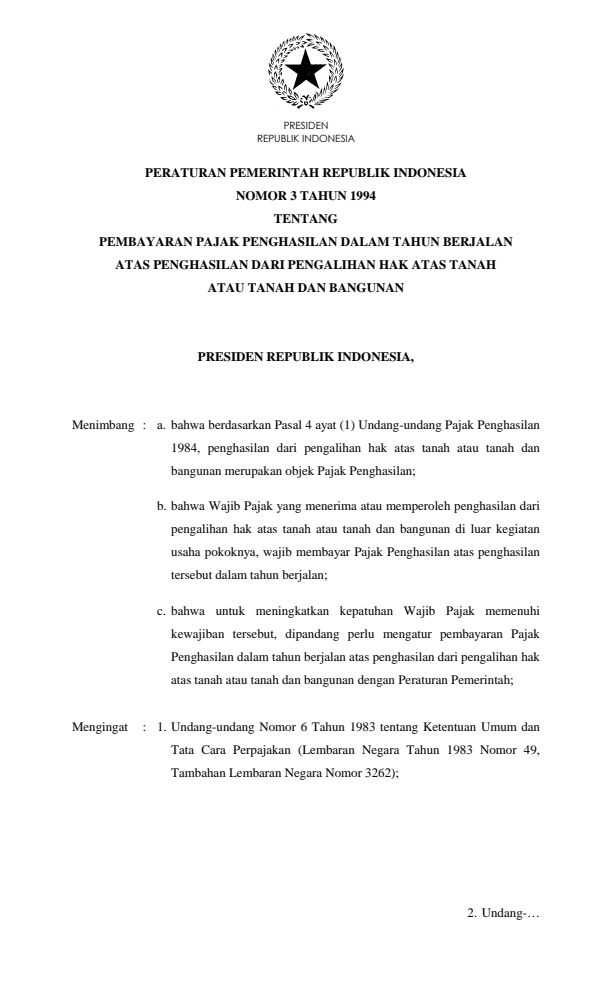 Peraturan Pemerintah Nomor 3 Tahun 1994