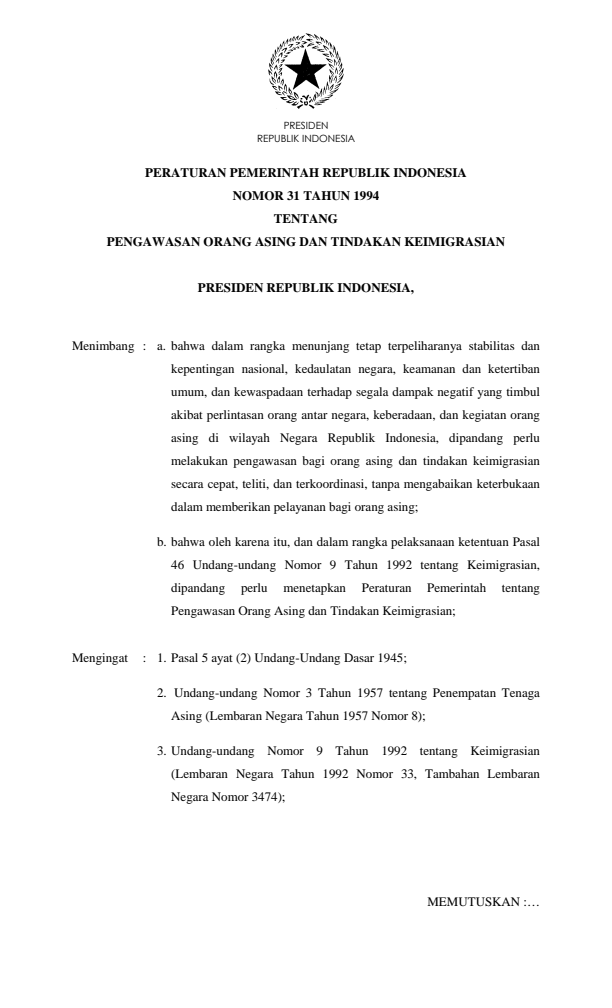 Peraturan Pemerintah Nomor 31 Tahun 1994