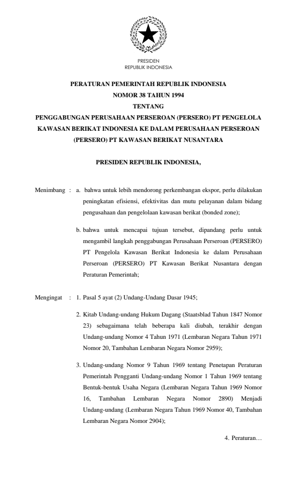 Peraturan Pemerintah Nomor 38 Tahun 1994