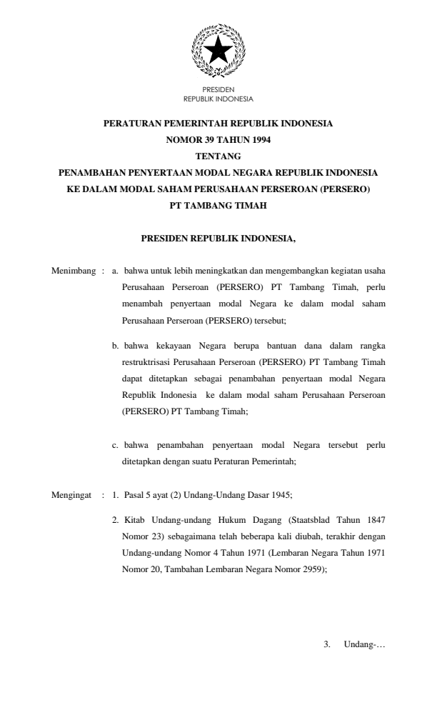 Peraturan Pemerintah Nomor 39 Tahun 1994