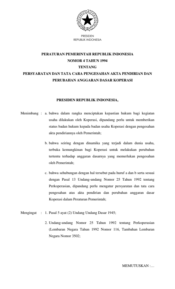 Peraturan Pemerintah Nomor 4 Tahun 1994