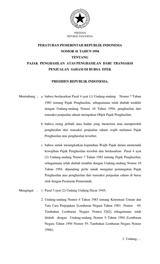 Peraturan Pemerintah Nomor 41 Tahun 1994