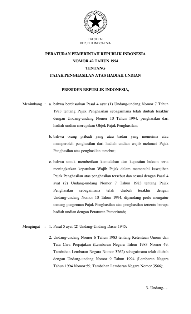 Peraturan Pemerintah Nomor 42 Tahun 1994