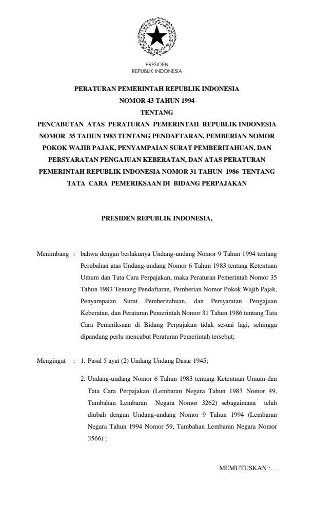 Peraturan Pemerintah Nomor 43 Tahun 1994