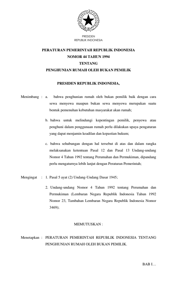 Peraturan Pemerintah Nomor 44 Tahun 1994