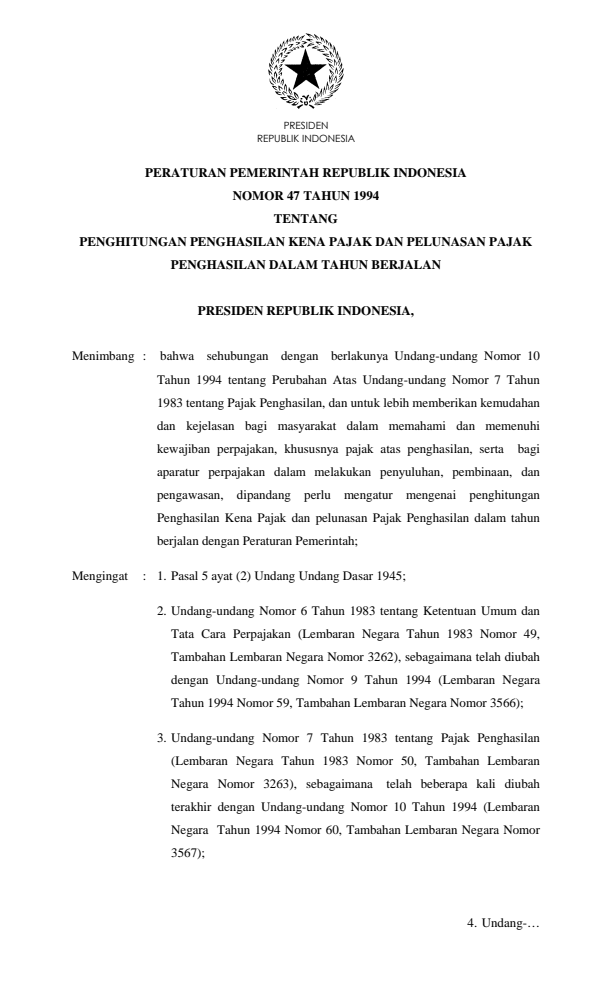 Peraturan Pemerintah Nomor 47 Tahun 1994