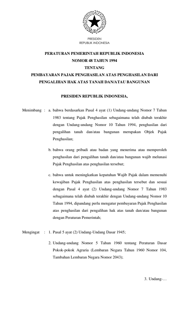 Peraturan Pemerintah Nomor 48 Tahun 1994