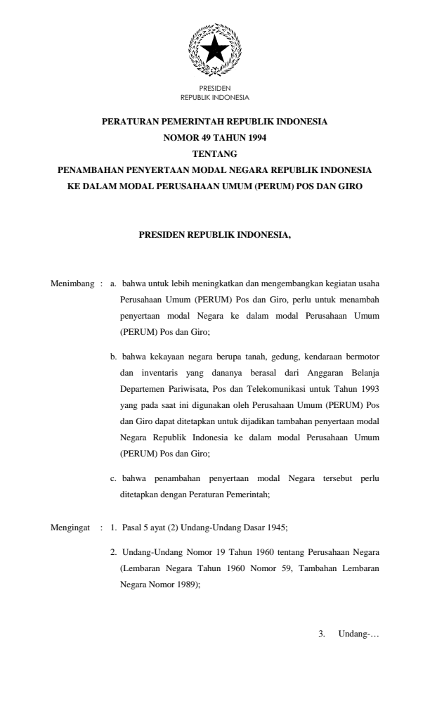 Peraturan Pemerintah Nomor 49 Tahun 1994