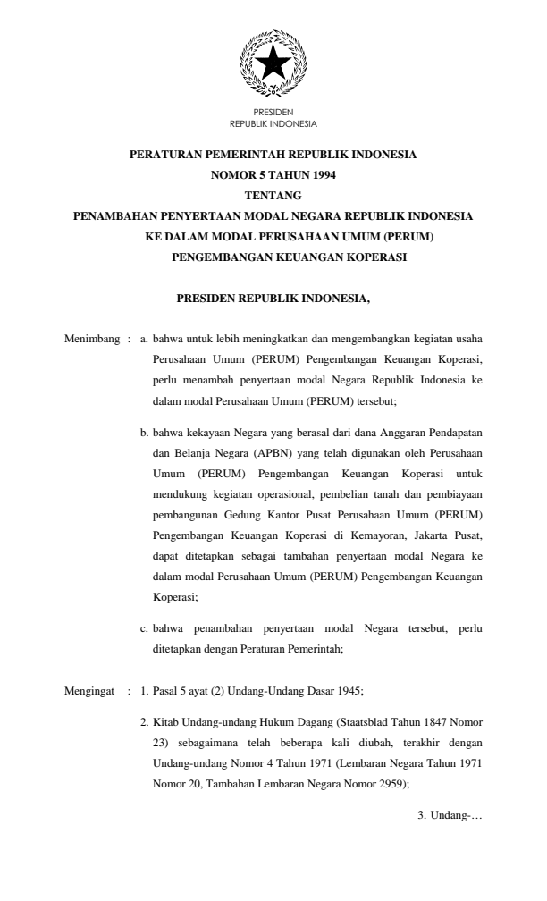 Peraturan Pemerintah Nomor 5 Tahun 1994