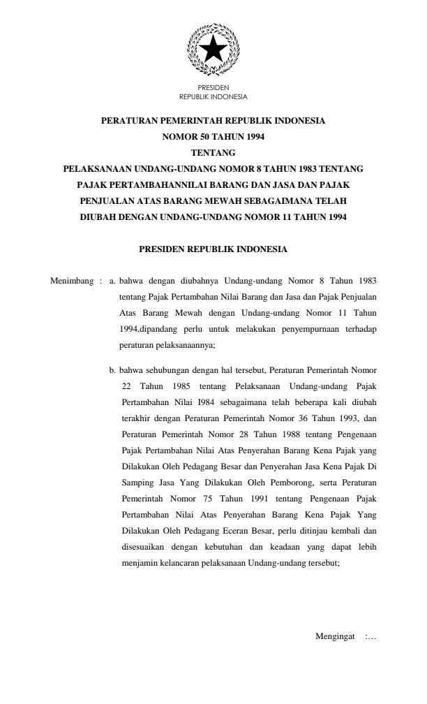 Peraturan Pemerintah Nomor 50 Tahun 1994