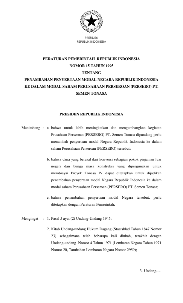 Peraturan Pemerintah Nomor 15 Tahun 1995