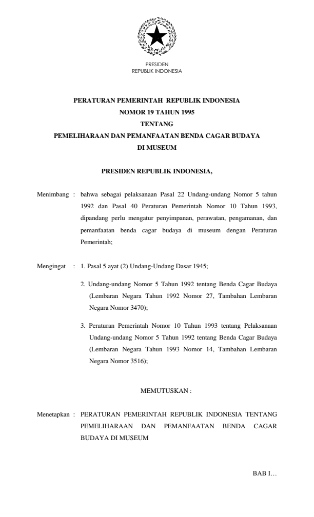 Peraturan Pemerintah Nomor 19 Tahun 1995