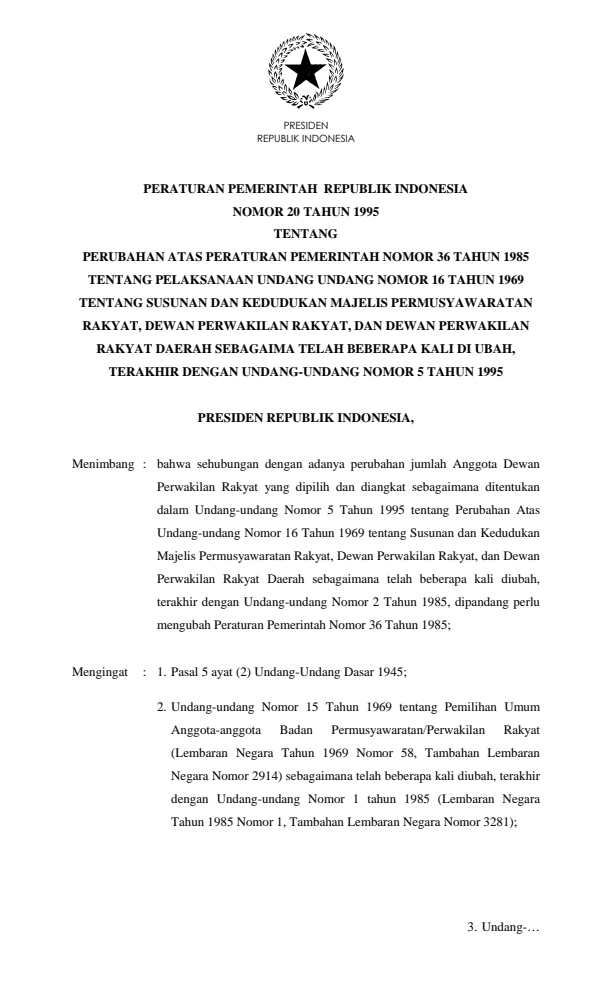 Peraturan Pemerintah Nomor 20 Tahun 1995