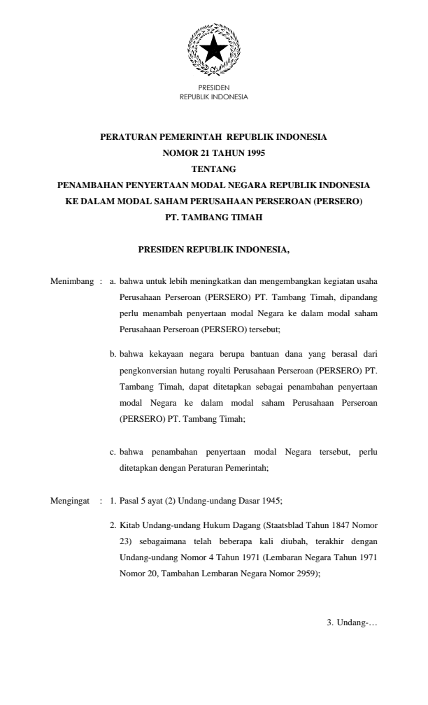 Peraturan Pemerintah Nomor 21 Tahun 1995