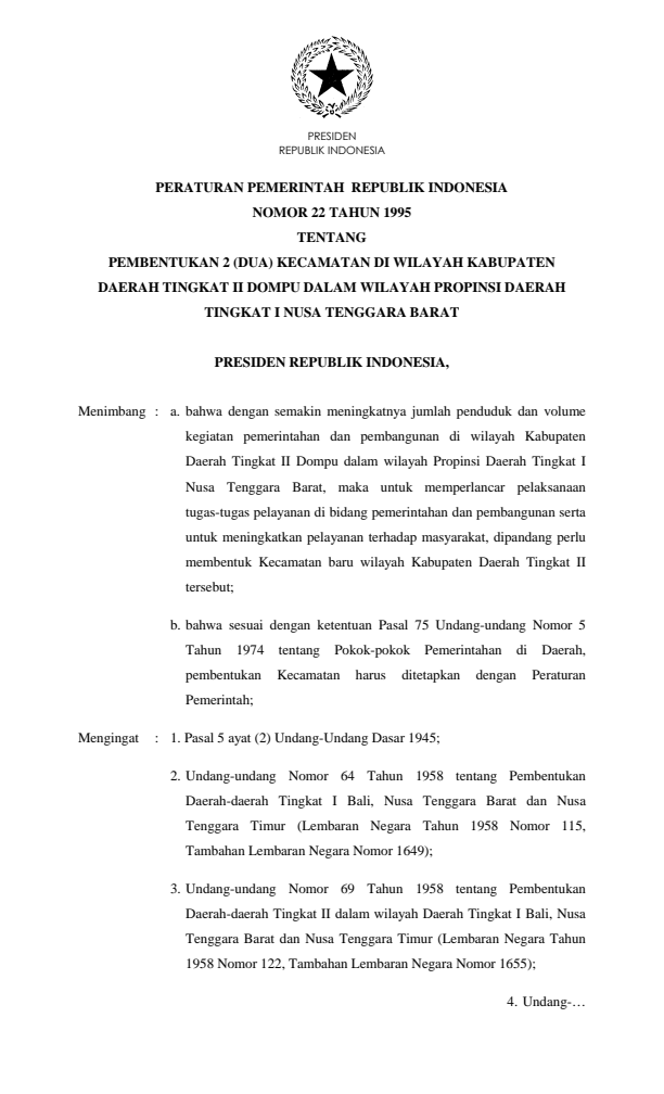 Peraturan Pemerintah Nomor 22 Tahun 1995