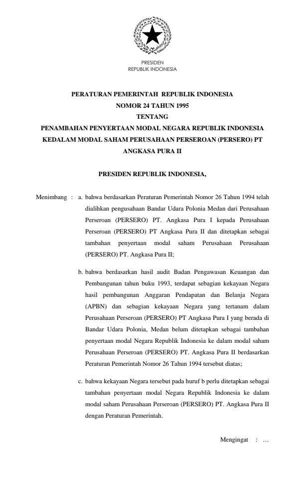 Peraturan Pemerintah Nomor 24 Tahun 1995